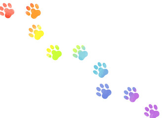 水彩風　虹色の肉球跡イラスト