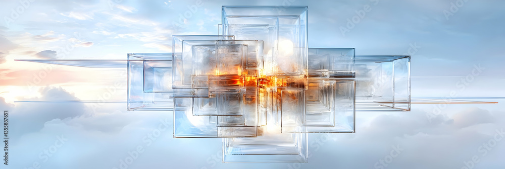 Poster abstract geometric composition with translucent cubes and cloudscape