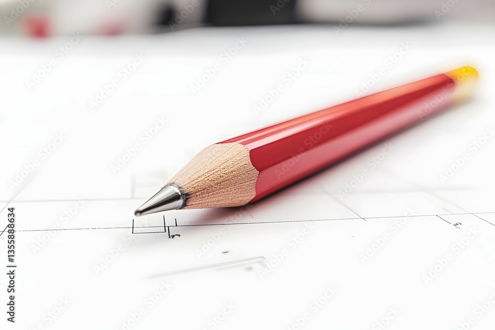 Poster close-up of a red pencil resting on architectural blueprints with blurred tools in the background