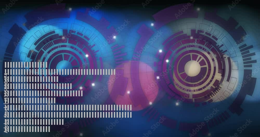 Poster animation of abstract circular patterns with digital data bars on blue background