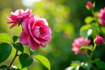 Fototapeta premium Vibrant pink roses growing on green vine in bright sunlight, vine, vibrant