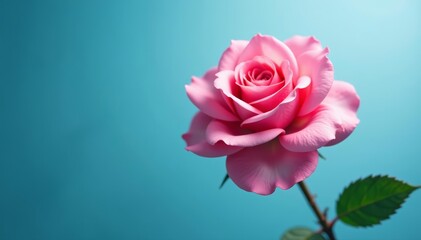 Fototapeta premium Vibrant pink rose contrasted against a tranquil blue and white color palette, flower, blue