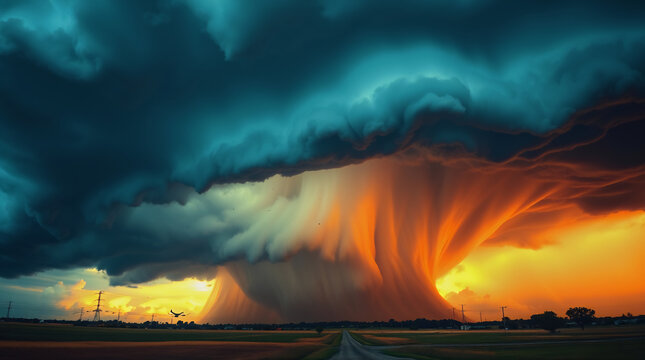 EF5 tornado scene with mammatus clouds, debris, and storm chaser drone