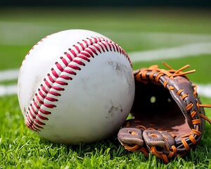 Baseball on grassy field
