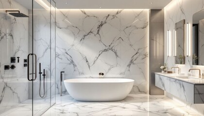 Luxurious bathroom showcases marble walls, a freestanding bathtub, and stylish fixtures, creating a serene and elegant atmosphere