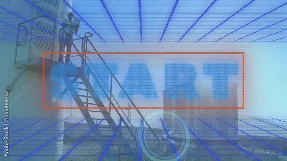 Poster start text animation over worker on industrial staircase with grid overlay