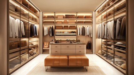 Fototapeta premium Elegant space showcasing a meticulously organized closet filled with neatly hung clothing and stylish accessories, illuminated softly