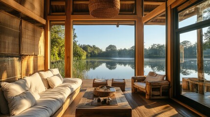 Fototapeta premium A comfortable wooden cabin features a cozy seating area with a lake view, illuminated by the soft morning sunlight and surrounded by nature