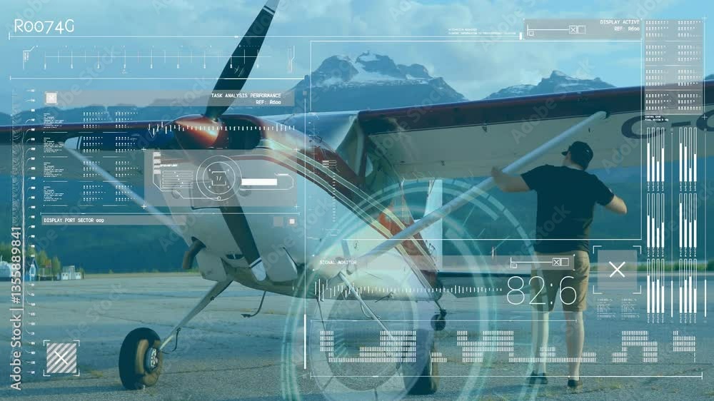 Poster digital interface overlay showing data and analytics on small aircraft on runway