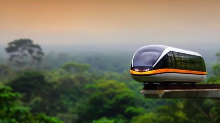Obraz premium High-speed train traversing lush green landscape at dawn