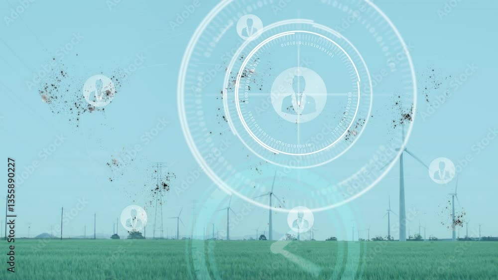 Poster wind turbines in field with digital network interface overlay animation