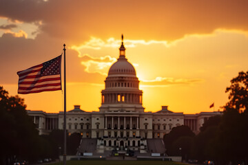 Obraz premium United States Capitol building silhouette and US flag against the sunset