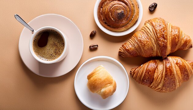 fresh coffee and croissants on pastel beige background flat lay