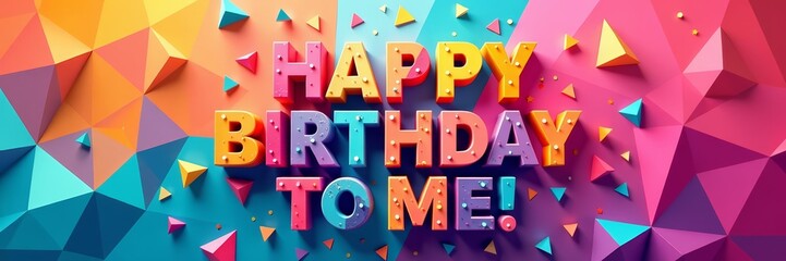 Vibrant happy birthday to me lettering composed of geometric triangles in bright colors, colorful, celebration, card
