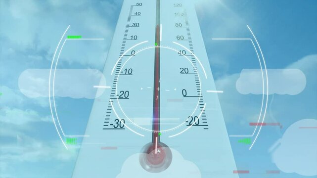 Animation of thermometer and digital interface against cloudy sky background