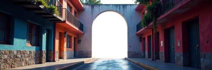 Urban street with a white portal leading to another world, architecture, modern, portal
