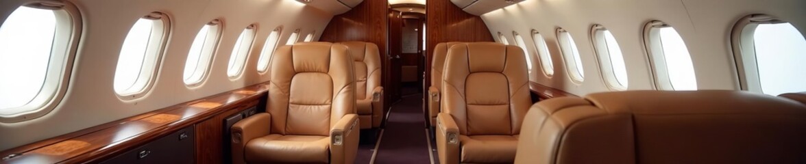 Obraz premium Upscale aircraft cabin with plush leather seating and modern design touches, exclusive, posh, opulent