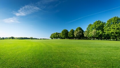 Obraz premium green grass field with trees in the background under a clear blue sky on a sunny day