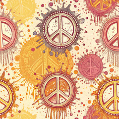Obraz premium Seamless peace symbol background with vibrant splashes of pink, orange, and yellow, evoking joy and hope for peace 