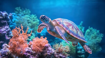 Majestic Sea Turtle Swimming in Vibrant Coral Reef