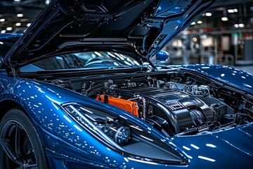 The blue sports car engine compartment is opened for inspection