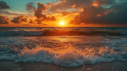 Vibrant sunset over ocean waves crashing on sandy beach.