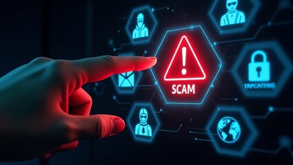 A hand pointing at a glowing red 'SCAM' alert on a digital interface, warning against online threats.