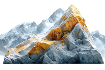 Majestic mountain peak with golden rock formations, surrounded by icy slopes against a clean background.