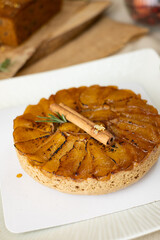 Caramel apple upside down cake. Set on cafe table.