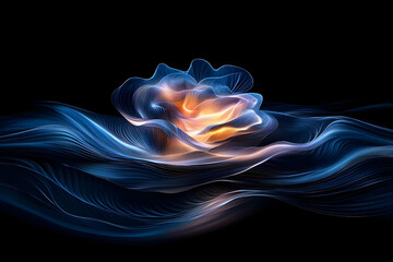 Abstract Glowing Rose in Dark Blue Waves