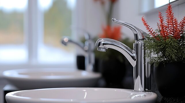 Modern bathroom with dual sinks, chrome faucets, and decorative plants