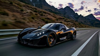 Dynamic low-angle shot of a sleek black sports car speeding on a mountain road at sunset, capturing a cinematic video style with vibrant colors.