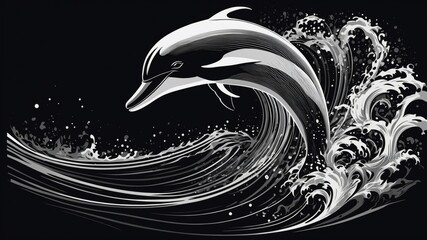 Dolphin Leaping: A monochrome artwork shows a dolphin leaping gracefully through ocean waves, the dynamic imagery creates a sense of freedom, joy, and the wonders of marine life.