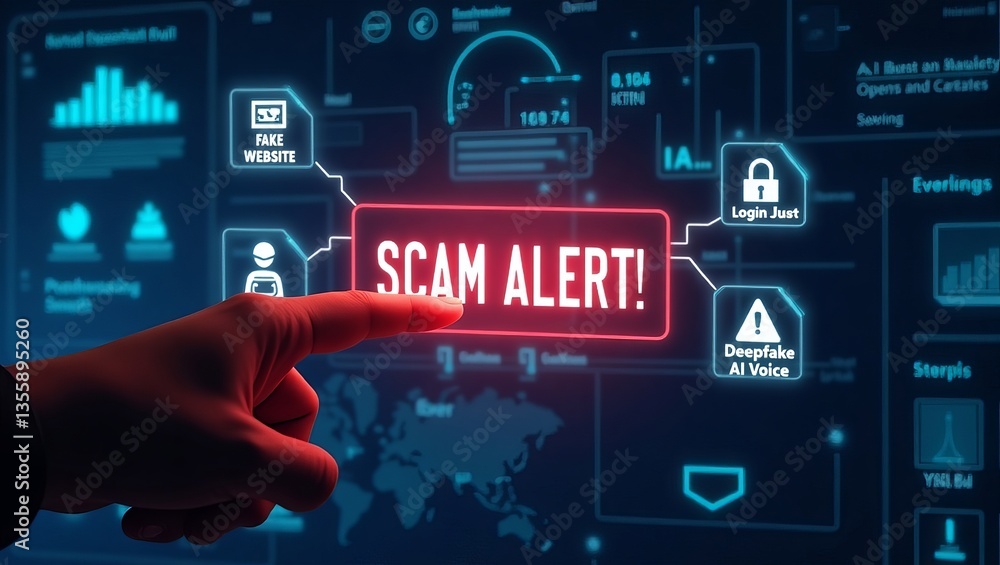 Poster a male hand interacts with a digital screen displaying a 'scam alert!' notification, emphasizing cyb