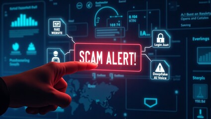 A male hand interacts with a digital screen displaying a 'SCAM ALERT!' notification, emphasizing cybersecurity concerns.