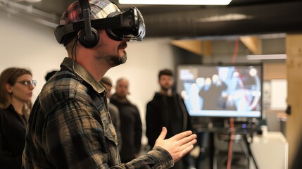 Businessman giving a virtual reality product demo.