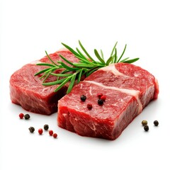Obraz premium Fresh raw beef steaks with rosemary and pepper on a white background.