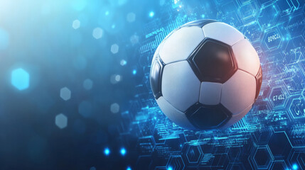 Naklejka premium Futuristic Digital Soccer Ball in Blue Light Abstract Background