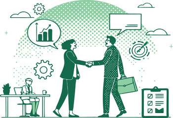 Business people silhouette illustration, a cartoon woman and businessman shaking hands in a city office, symbolizes success