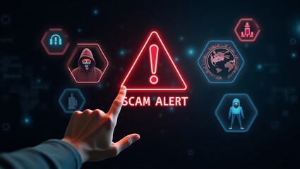 A hand reaching towards a glowing red 'SCAM ALERT' sign on a digital interface, surrounded by icons representing online threats.