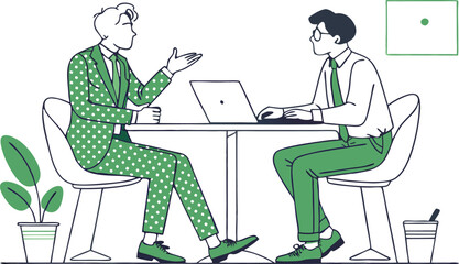 Brainstorming Session: Illustrative scene of two professionals engaged in a dynamic discussion, leveraging technology, showcasing teamwork, and creative thinking in a modern work environment. 