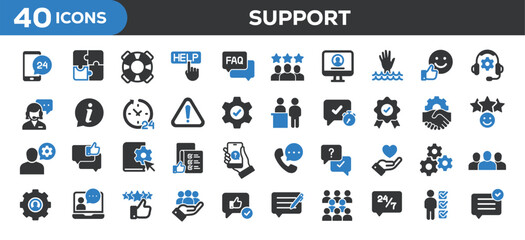 Support icons collection. Related help, service, forum. Solid colors style icons. Vector illustration isolated on white background