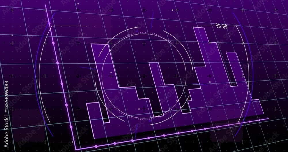 Poster animation of futuristic digital interface with graphs on purple grid background