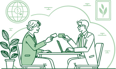 Vector office illustration of business people working at a desk with a laptop during a meeting