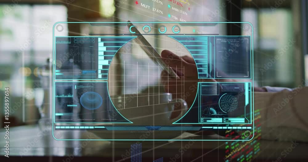 Poster using smartphone with futuristic digital interface showing data and graphs in animation