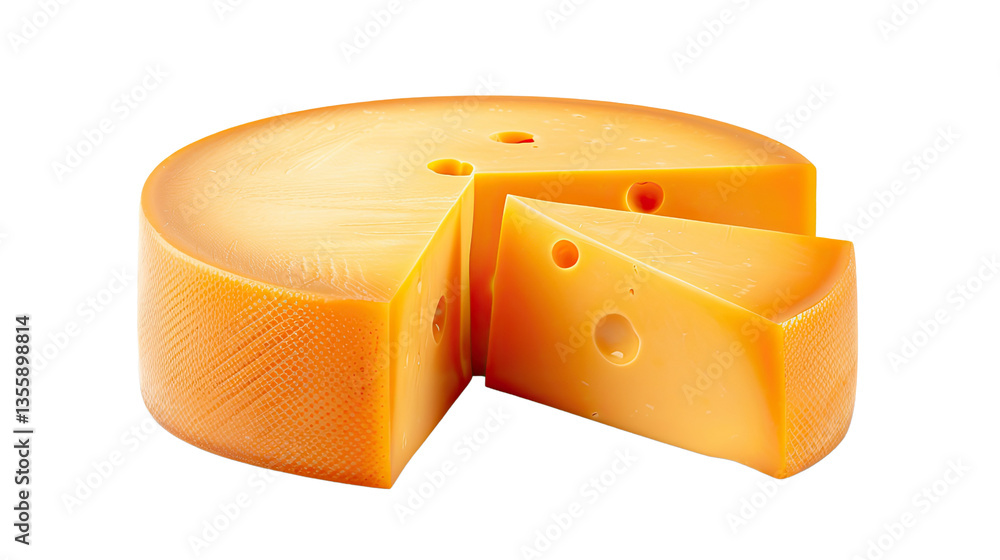 Poster a slice of perfection: a close-up studio shot of a round of cheese, featuring a removed slice, empha