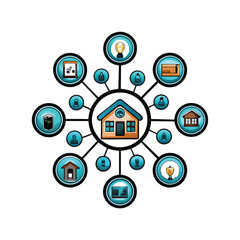 Illustrate a sophisticated smart home network, showing 10 interconnected devices (lights, thermostat, security, appliances).  Focus on seamless integration and modern design.