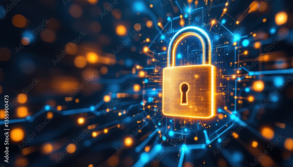Poster digital network security with glowing lock symbol and data connections
