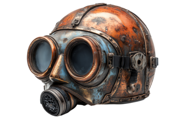Steampunk gas mask helmet featuring a unique design, detailed metalwork, and vintage aesthetics, isolated on a white background.