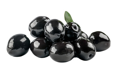 Black Olives: A close-up shot of a pile of glistening black olives, offering a fresh and delicious look, with a sprig of leaves. This image captures the beauty of a culinary favorite.